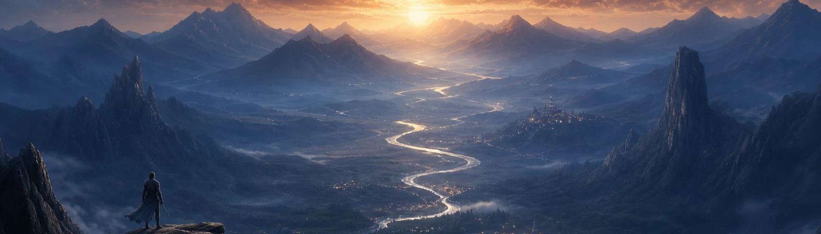 Weite Fantasy-Landschaft von Vancor mit Bergen, Flusslauf und einem Krieger auf einer Klippe